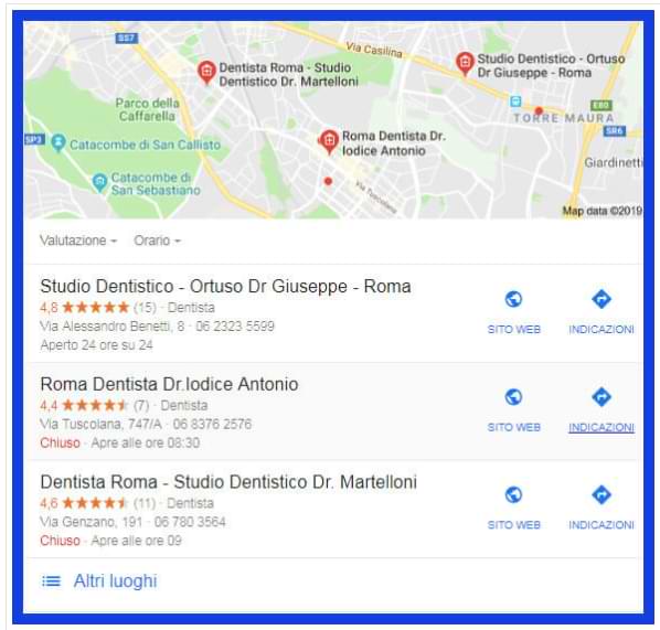 esempio di local 3 pack di Google My Business