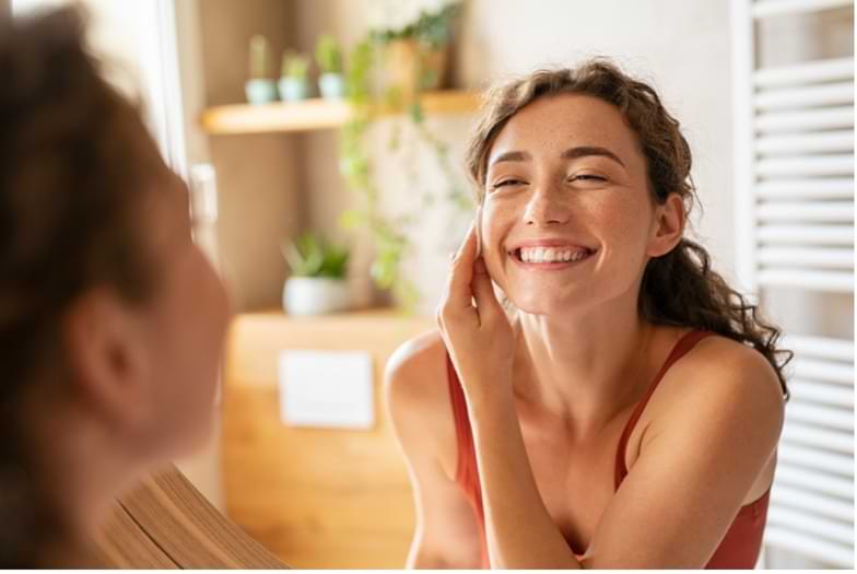 ragazza sorridente si guarda allo specchio