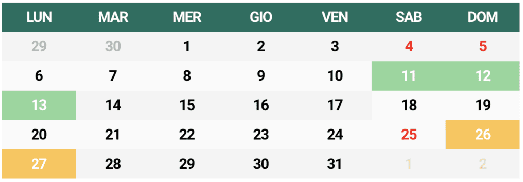calendario ottobre 2025